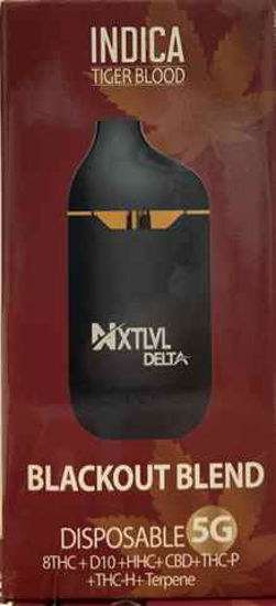 Picture of NEXT LEVEL TIGER BLOOD INDICA BLACKOUT BLEND DELTA 8-10 DISPOSABLE 5G